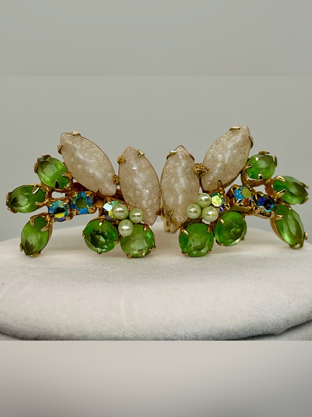 Green, molded, white, pearl and rhinestone clip on earrings